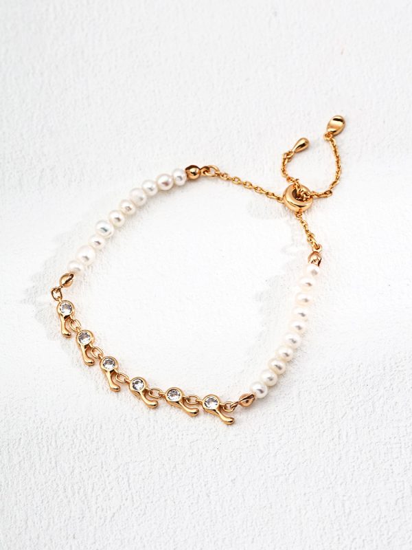 Vintage Pearl Zircon Sterling Silver Bracelet in Antique Gold
