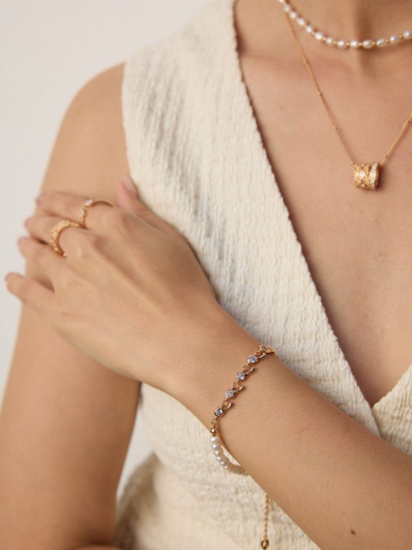 Vintage Pearl Zircon Sterling Silver Bracelet in Antique Gold