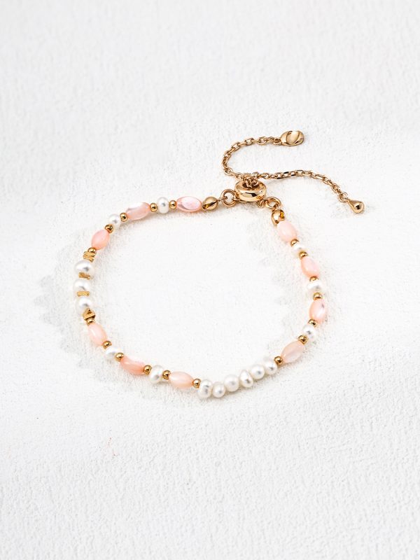 Natural Pearl Pink Shell Sterling Silver Bracelet in Antique Gold