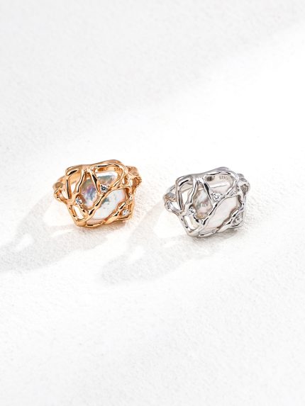 Elegant S925 Sterling Silver Natural Pearl Zircon Adjustable Ring in Antique Gold and Platinum