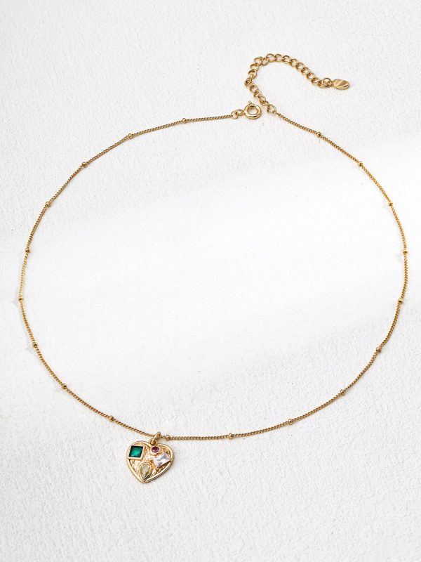Vintage Heart Zircon Sterling Silver Pendant Necklace in Antique Gold