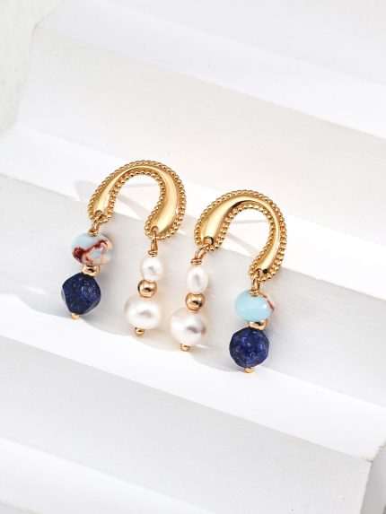 Natural Pearl, Lapis Lazuli & Shoushan Stone Sterling Silver Earrings in Antique Gold
