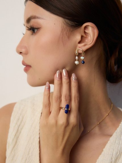 Natural Pearl, Lapis Lazuli & Shoushan Stone Sterling Silver Earrings in Antique Gold