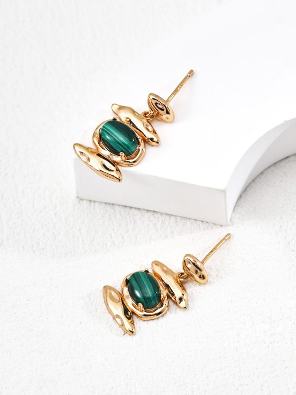 Vintage Malachite Sterling Silver Earrings in Antique Gold