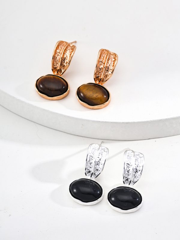 Onyx and Tiger Eye Sterling Silver Earrings in Antique Gold and Platinu
