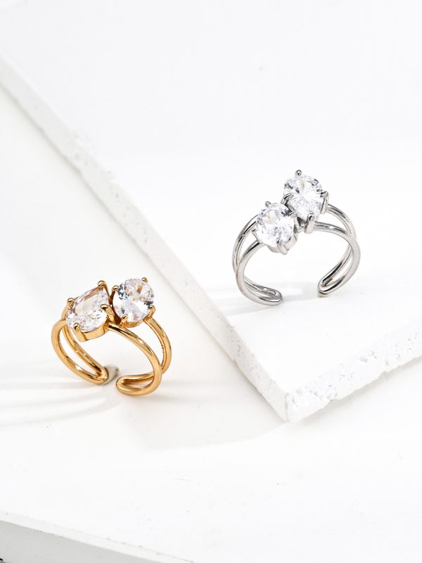 Minimalist S925 Sterling Silver Adjustable Zircon Ring in Antique Gold and Platinum