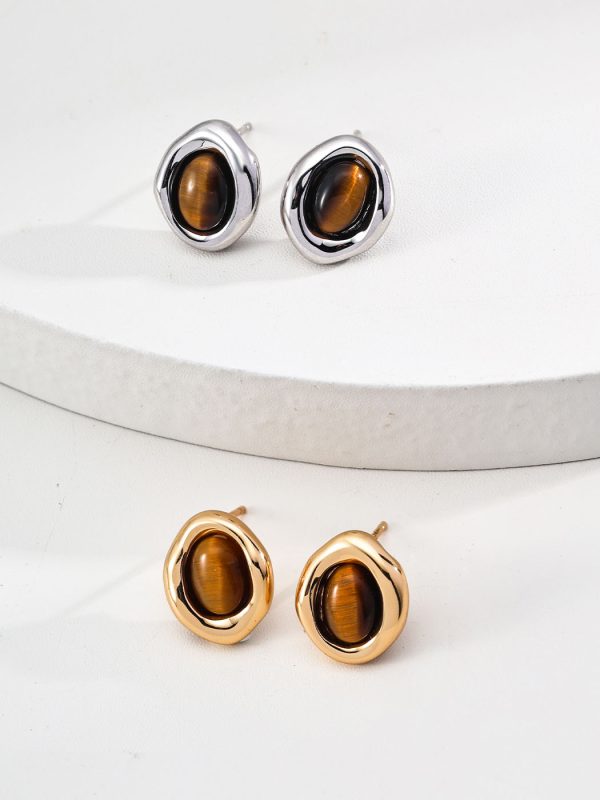 Minimalist Tiger Eye Sterling Silver Earrings in Antique Gold and Platinum