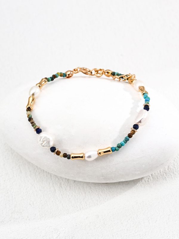 Natural Pearl Lapis Lazuli Turquoise Sterling Silver Bracelet in Antique Gold