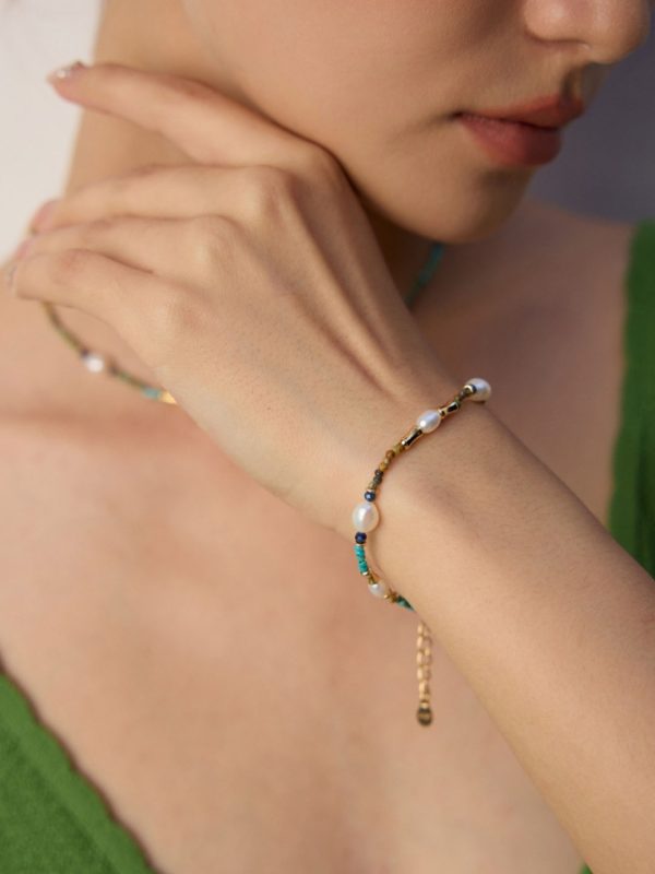 Natural Pearl Lapis Lazuli Turquoise Sterling Silver Bracelet in Antique Gold