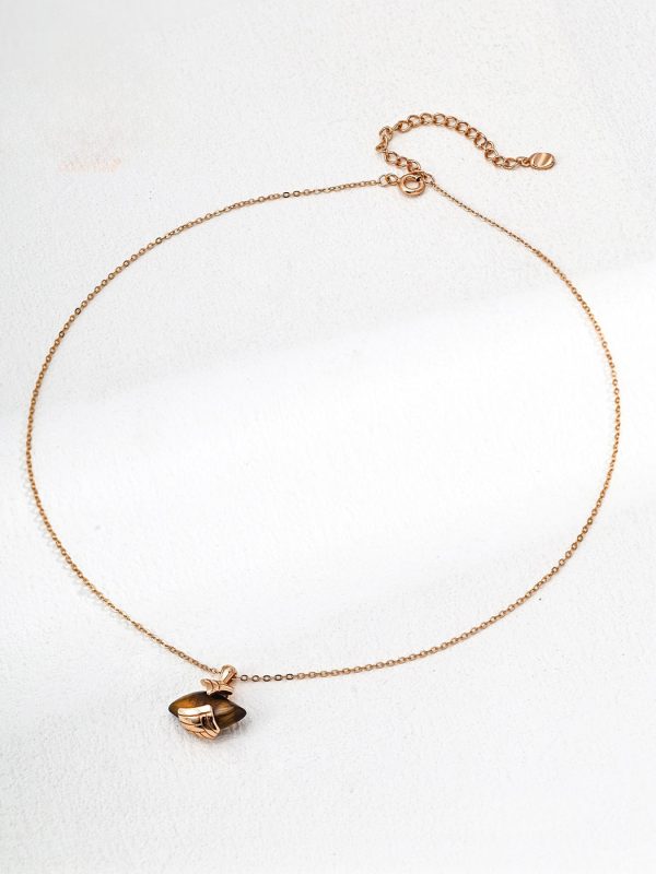 Vintage Tiger Eye Sterling Silver Pendant Necklace in Antique Gold