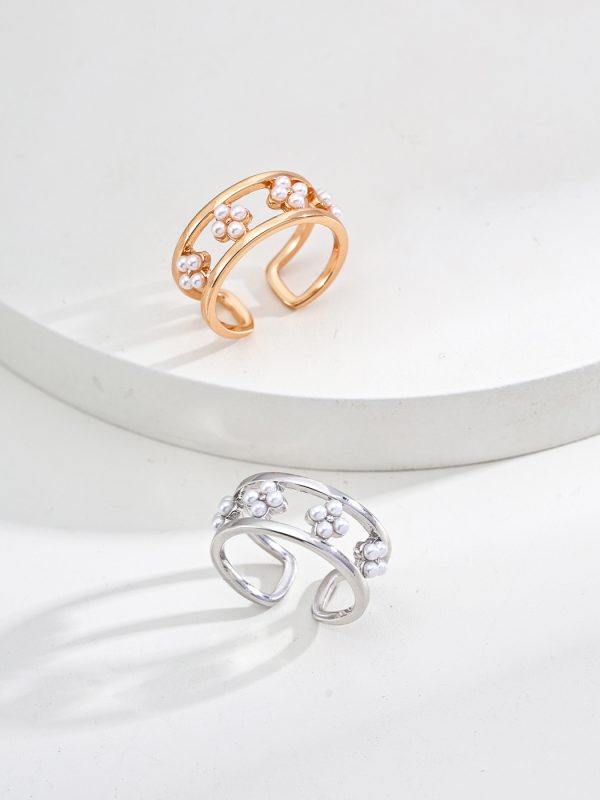 Minimalist Pearl Sterling Silver Adjustable Ring in Antique Gold and Platinum