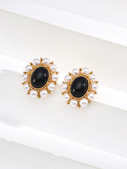 Vintage Onyx and Pearl Sterling Silver Earrings in Antique Gold