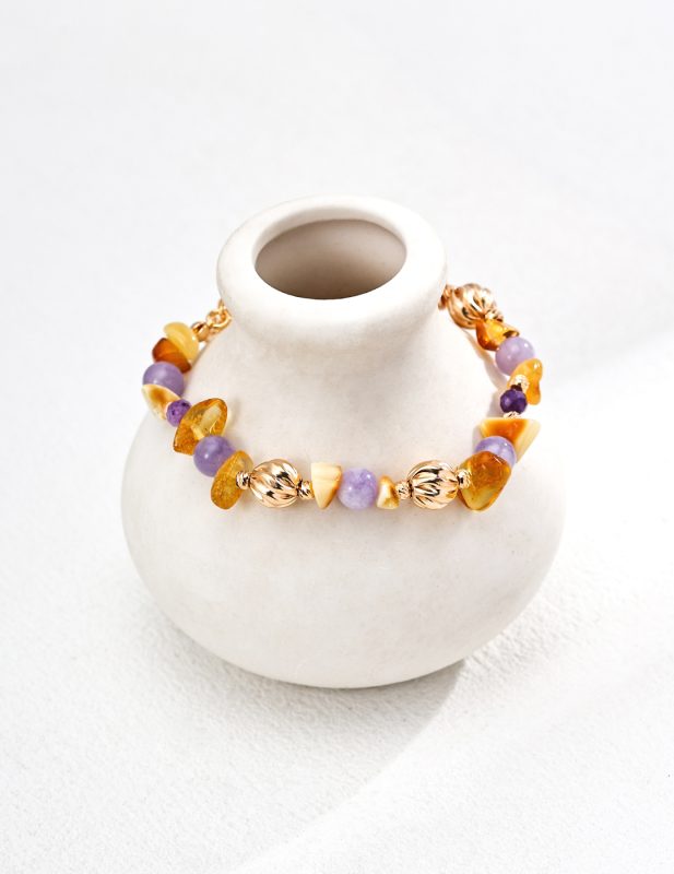 Natural Amber Amethyst Sterling Silver Bracelet in Antique Gold
