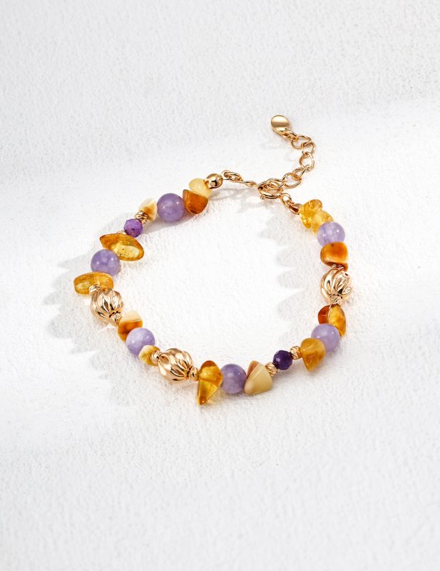 Natural Amber Amethyst Sterling Silver Bracelet in Antique Gold