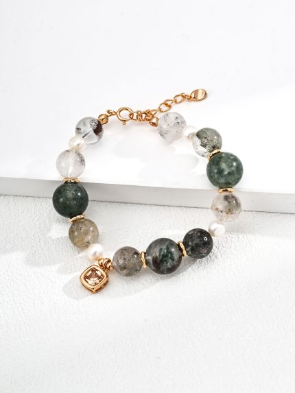 S925 Silver Vintage Bracelet with Green and Color Phantom Quartz and Pearls