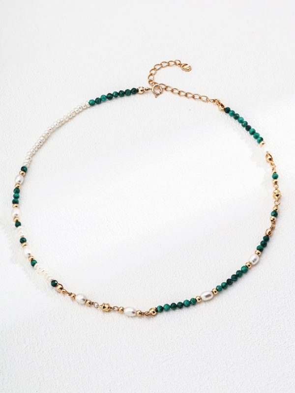 S925 Sterling Silver Necklace with Natural Pearls and Malachite in Vintage Gold Finish