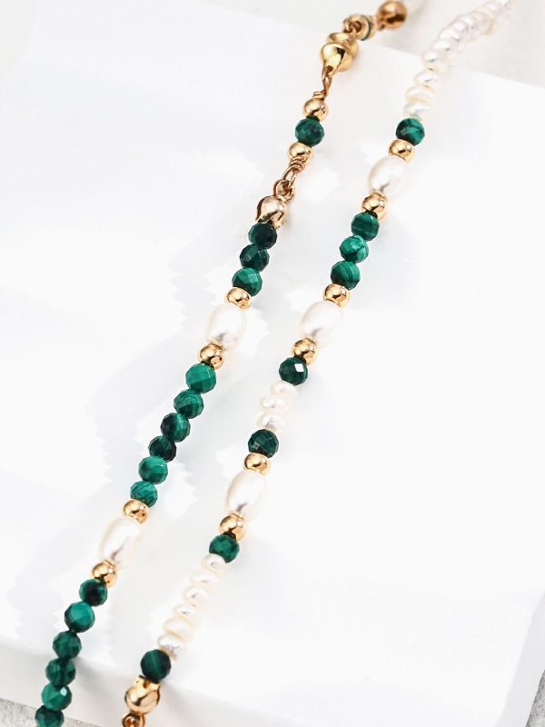 S925 Sterling Silver Necklace with Natural Pearls and Malachite in Vintage Gold Finish