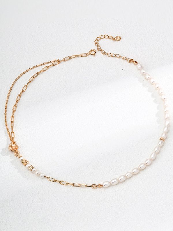 S925 Silver Vintage Natural Pearl Necklace with 4×6mm Pearls and Retro Gold Finish