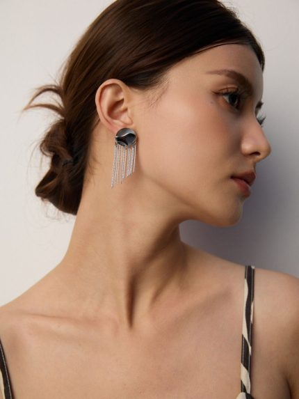Minimalist S925 Silver Shell Drop Earrings with Mother of Pearl and Black Shell, 5cm Long