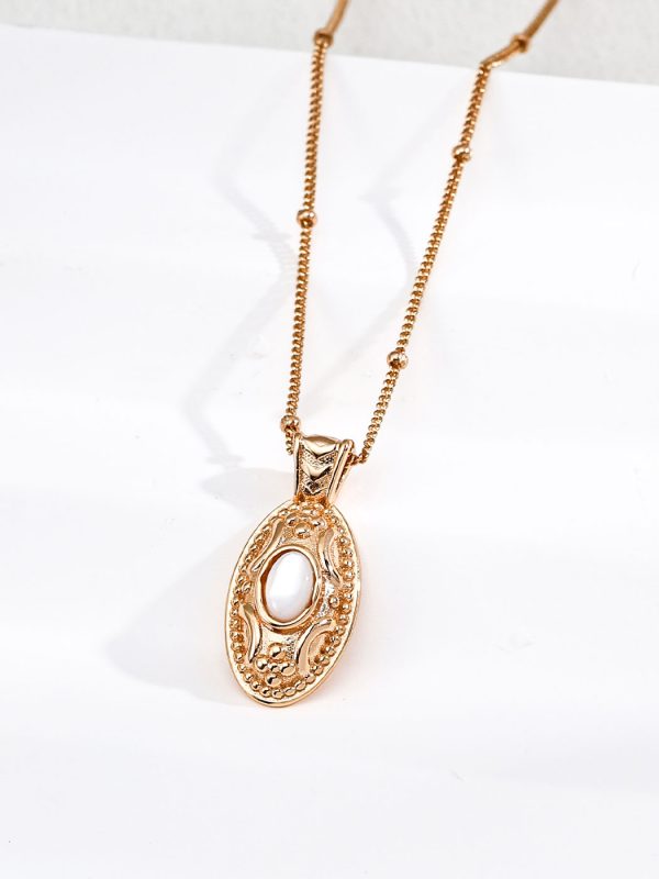 S925 Silver Vintage Mother of Pearl Pendant Necklace with Antique Gold Finish