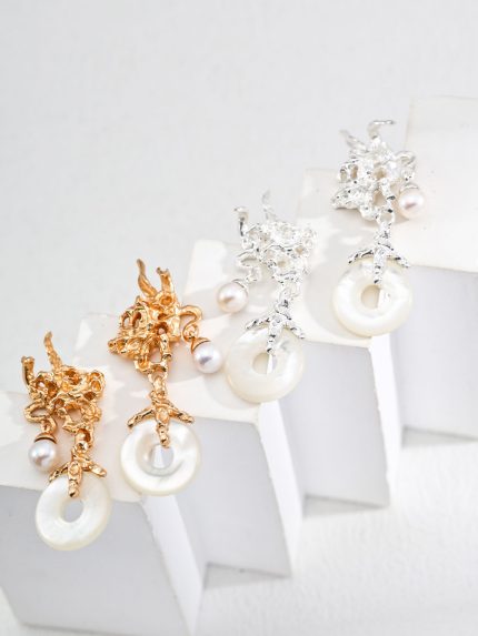 Taihu Pearl Dangles sterling silver earrings with mother-of-pearl rings and natural pearl drops