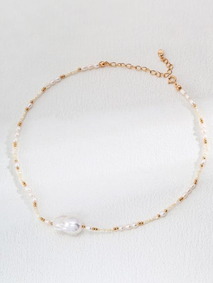 Pearl and silver shell beaded necklace with baroque pearl