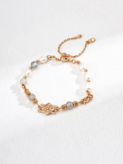 925 Silver Vintage Bracelet with Freshwater Pearl and Grey Moonstone