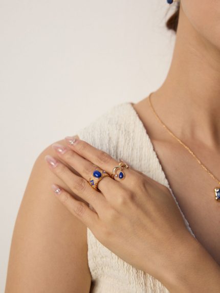 S925 Silver Vintage Blue Enamel Lapis Lazuli Adjustable Ring in Gold and Silver