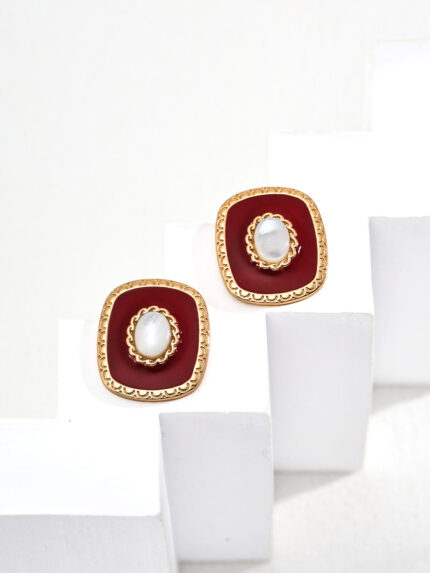 Red Enamel Mother of Pearl Earrings S925 18K Gold