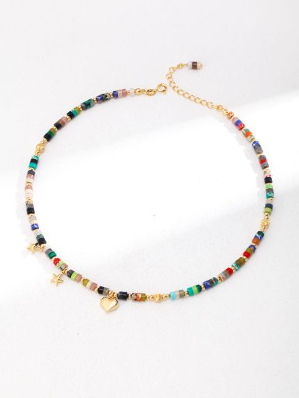Colorful beaded necklace with gold star and heart charms