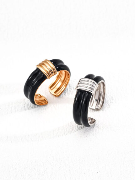 Vintage Black Enamel 18K Gold Adjustable Ring
