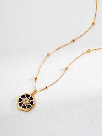Celestial Compass Lapis Pendant in gold sterling silver with lapis lazuli and zircon