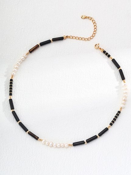 Black Agate and Pearl Necklace with Gold Details