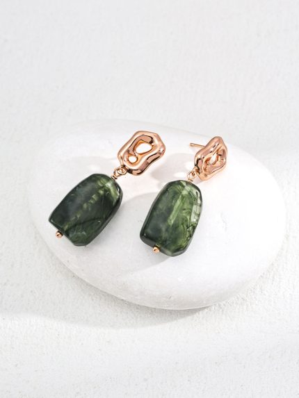 Minimalist S925 green resin drop earrings with abstract gold studs