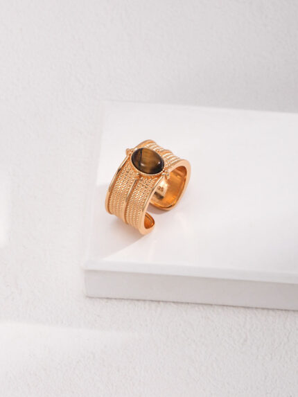 Textured Wide Band Tiger’s Eye Ring – 18K Gold Plated S925 Silver