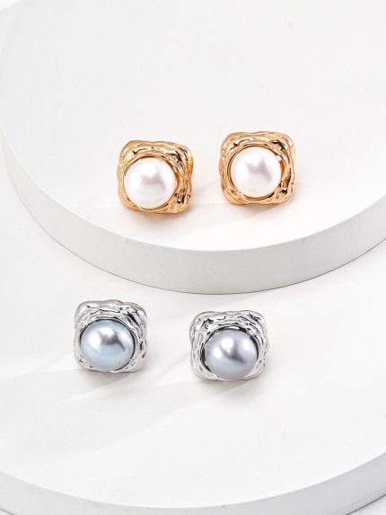 Square pearl stud earrings in gold and silver