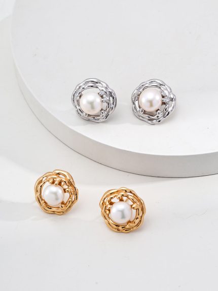 Ornate Ripple Pearl Studs bold natural pearl stud earrings with artistic ripple texture