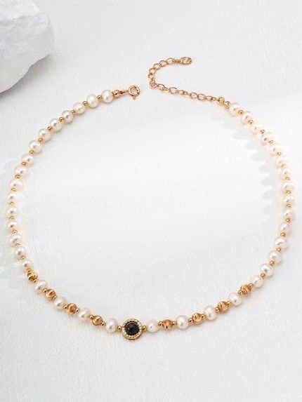 Ocean Tide Pearl Necklace with natural pearls tiger eye and zircon