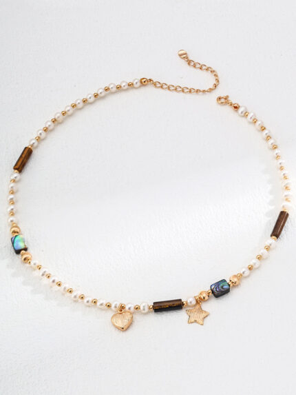 Natural Pearl Tiger Eye & Abalone Heart-Star Necklace