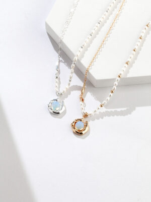 Tranquil Lake Opal Necklace in sterling silver with natural pearls and opal