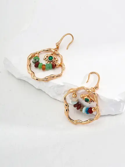 S925 18K Gold Vintage Abacus Stone Hoop Earrings with Gem Accents