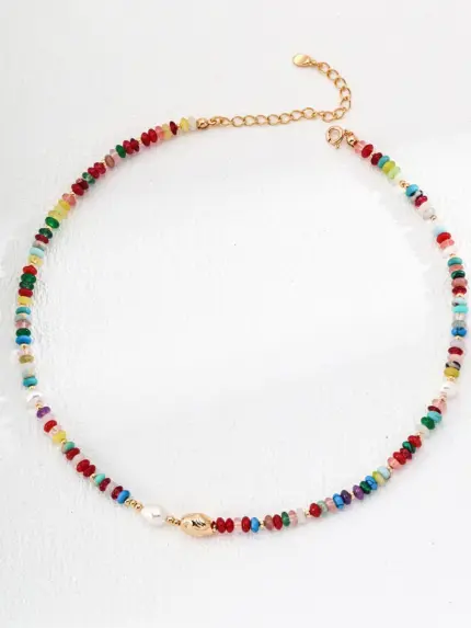 S925 18K Gold Natural Pearl & Dopamine Color Gemstone Necklace