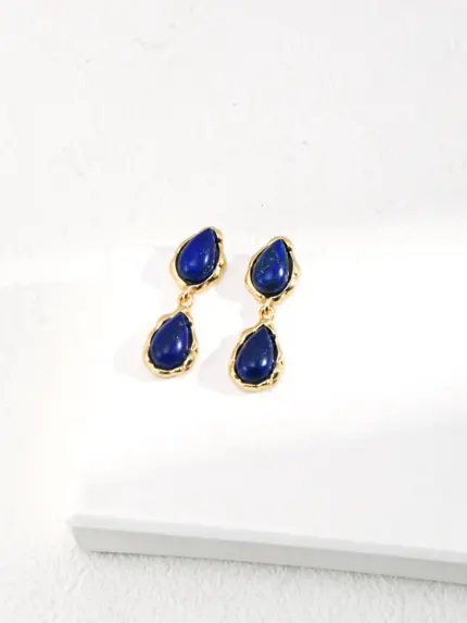 Double teardrop lapis lazuli earrings in sterling silver with vintage gold and starry gemstone texture