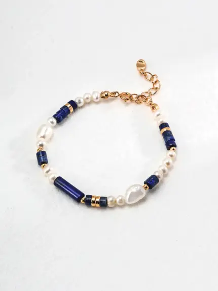 Lapis lazuli pearl bracelet in S925 gold plated sterling silver with natural pearls and vivid blue lapis lazuli stones, elegant layered jewelry.