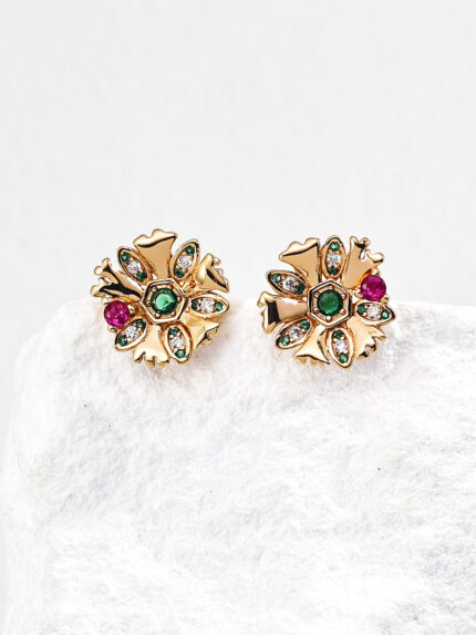 Vintage floral zircon stud earrings in S925 sterling silver with 18K gold plating