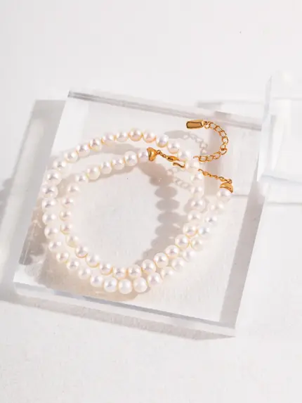 Natural pearl necklace with 7mm pearls and S925 sterling silver gold plated chain