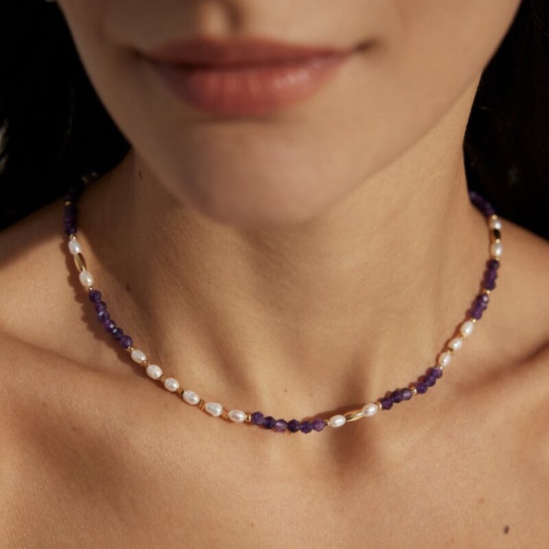 February birthstone jewelry, amethyst pendant necklace in silver representing peace and clarity