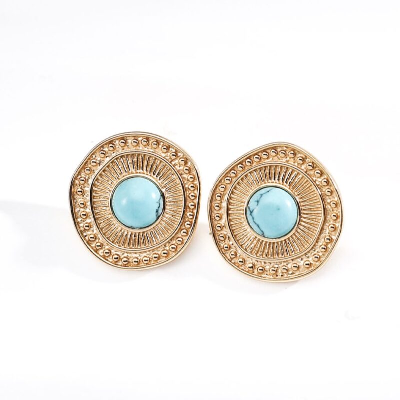 December birthstone jewelry, turquoise earring and blue topaz pendant symbolizing peace and good fortune