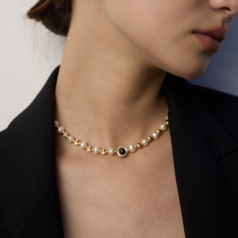 Ocean Tide Pearl Necklace with Tiger Eye and CZ