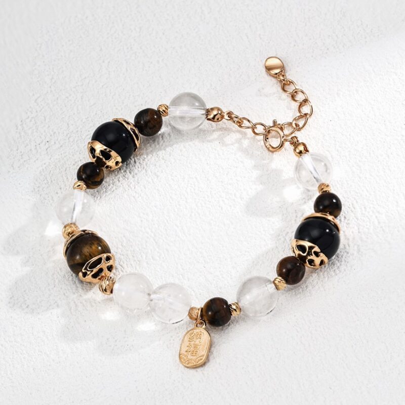 Tiger Eye Bracelet with Black Agate and Crystal in Sterling Silver
